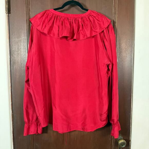 90s Vintage NEW YORK STUDIO | Deep Red Silk Ruffle neck Poet's Blouse | Medium - Picture 2 of 5
